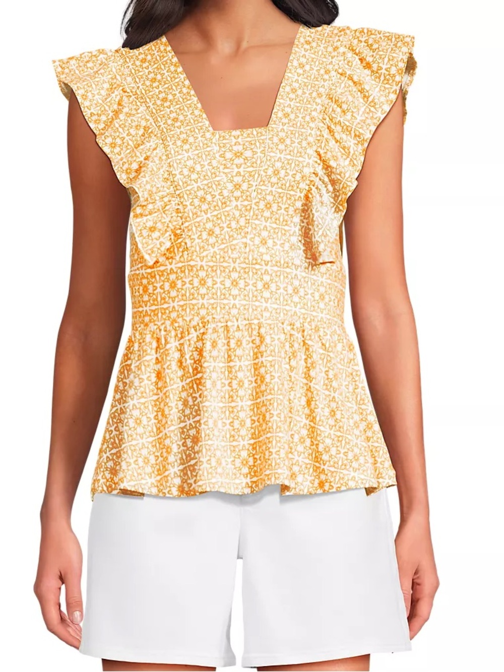Lands End Tencel Women's Lightweight Jersey Ruffle Peplum Top Sz M Lemon Mosiac
